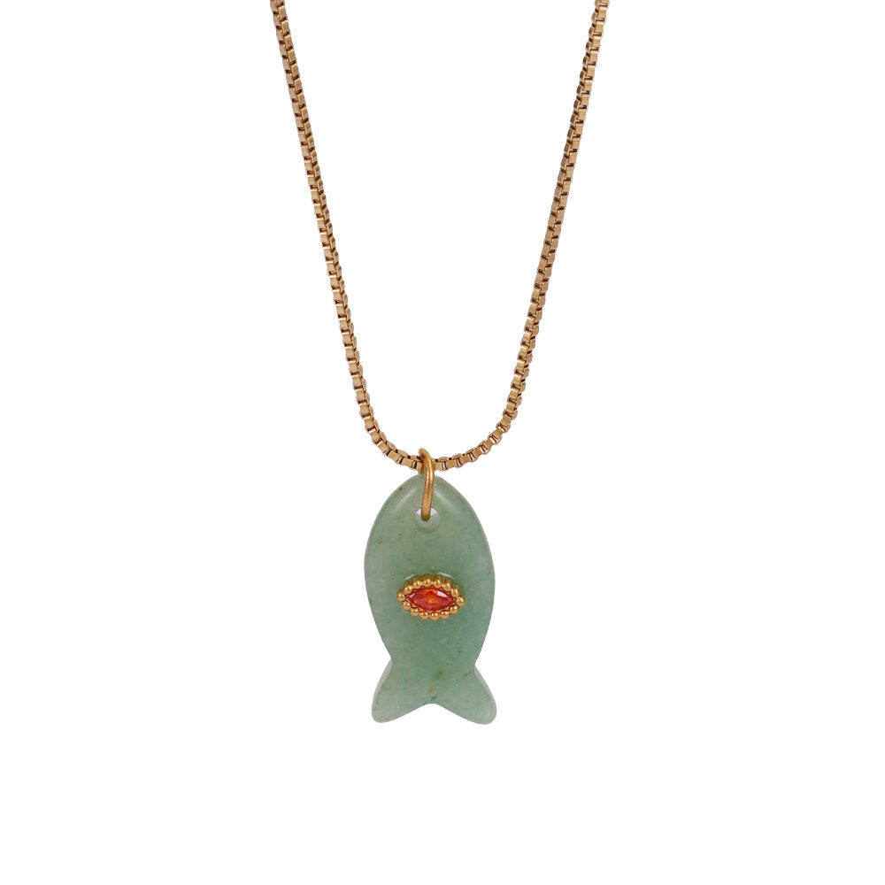 Collar con colgante de piedra natural para mujer, de acero inoxidable, resistente al agua, color dorado, con textura de pez brillante, serie Lustrous h5Imagen6