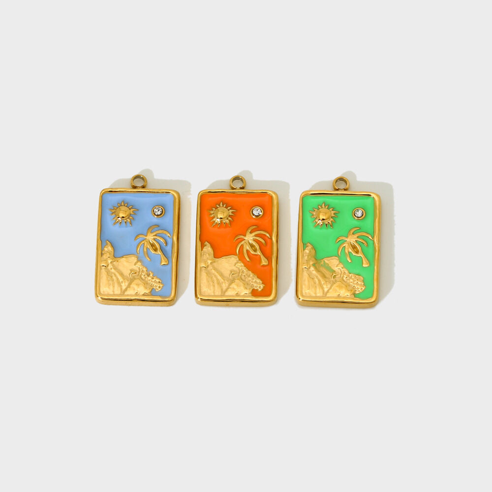 1 Piece Retro Series Sun Coconut Tree Gold Colored Stainless Steel Waterproof DIY Pendant Picture4