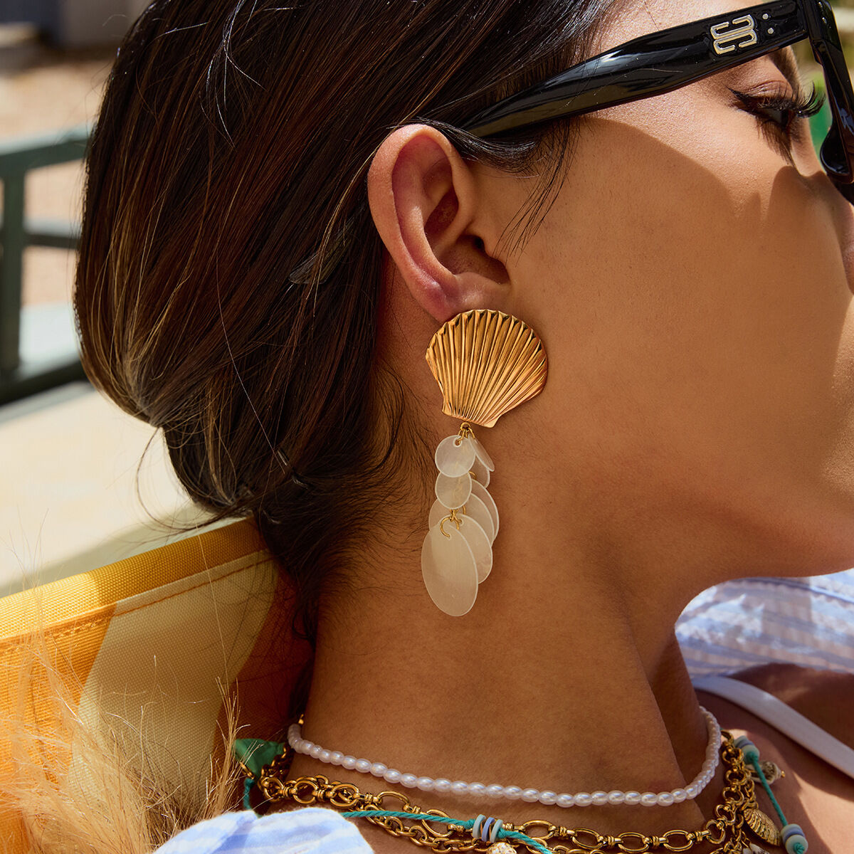 Elegant Shell Stainless Steel Waterproof Gold Color Dangle Earrings 2