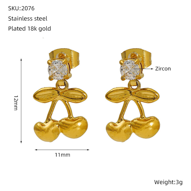 Cherry Stainless Steel Waterproof Gold Color Stud Earrings