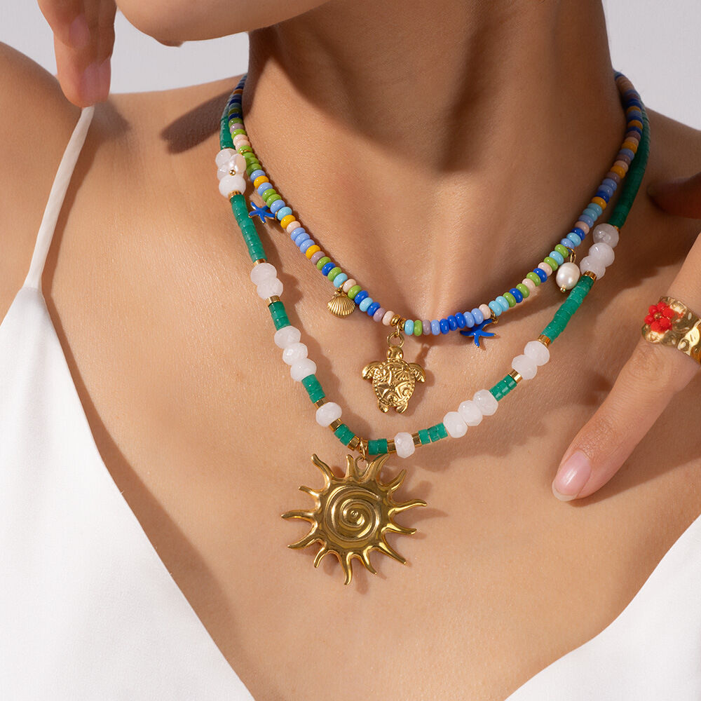 Classic Sun Stainless Steel Waterproof Gold Color Natural Stone Women's Pendant Necklaces