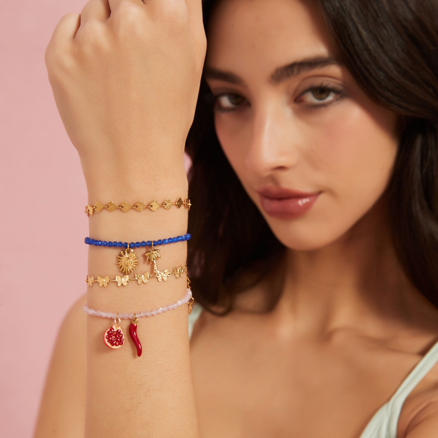 Vivid Fruits Stainless Steel Waterproof Gold Color Women's Charm Bracelets