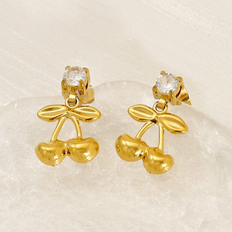 Cherry Stainless Steel Waterproof Gold Color Stud Earrings 2