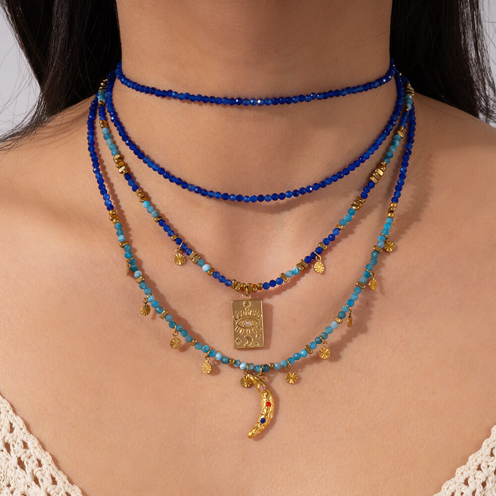 Collana con perline da donna in acciaio inossidabile color oro, con ciondolo a forma di luna retrò, serie squisita, 1 pezzo 2