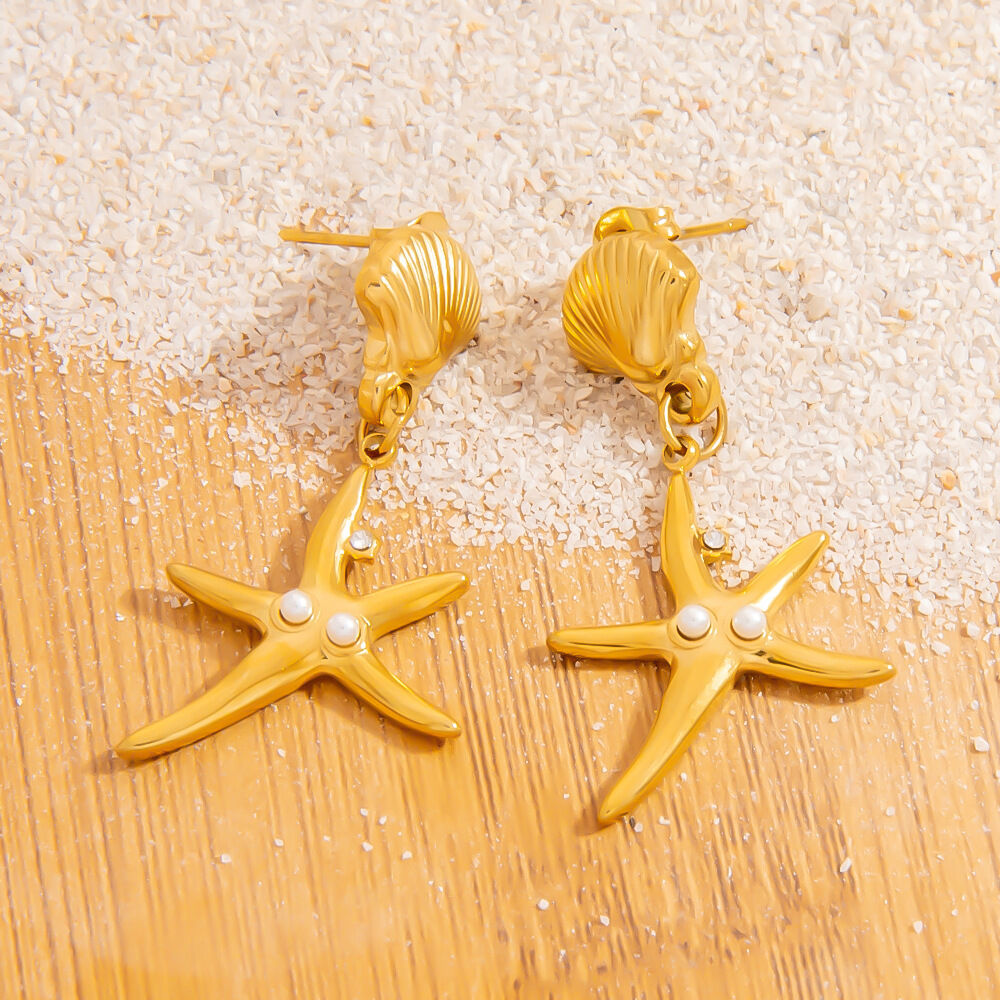 Retro Starfish Stainless Steel Waterproof Gold Color Drop Earrings
