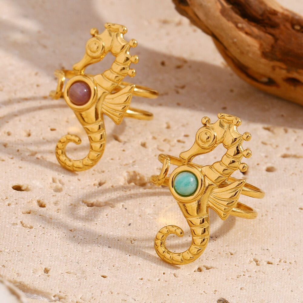 Seahorse Stainless Steel Waterproof Gold Color Adjustable Rings 2