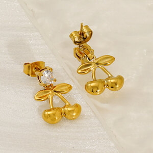 Cherry Stainless Steel Waterproof Gold Color Stud Earrings h5 Picture5