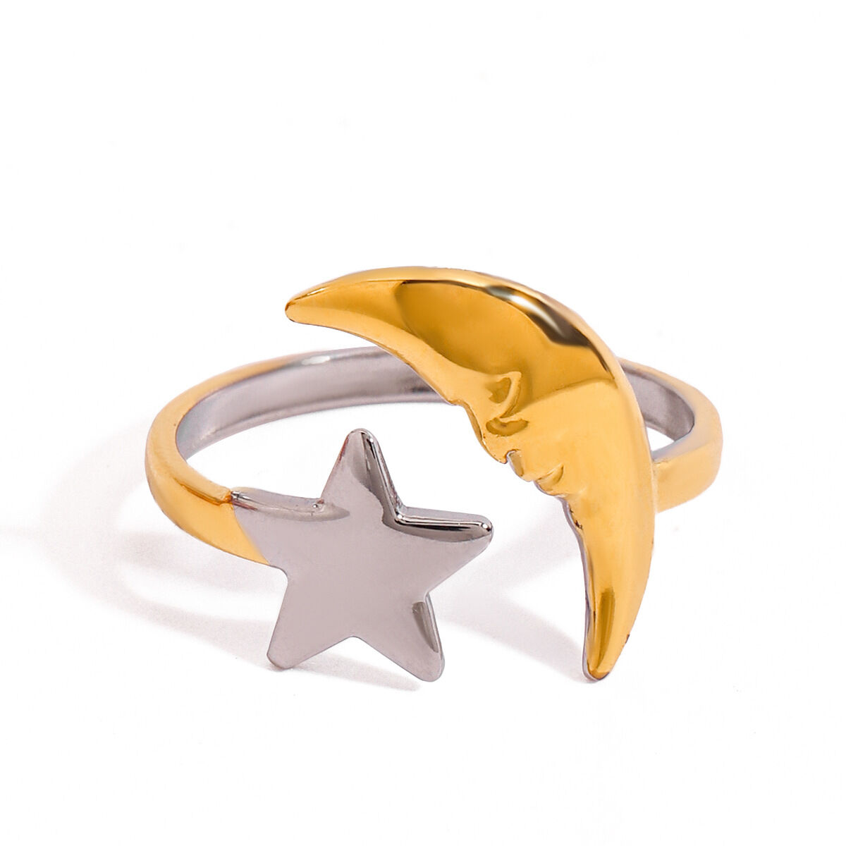 1 Piece Gold and Silver Colorblocking Stainless Steel Waterproof Star & Moon Women's Adjustable Rings Picture3
