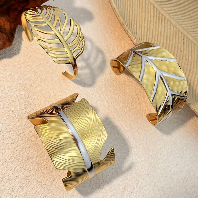 Mixed Color Stainless Steel Waterproof Leaves Shape Cuff Bracelets Picture2