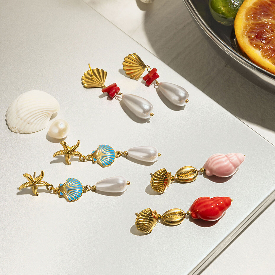 orecchini pendenti in acciaio inossidabile color oro stile oceanico Immagine6