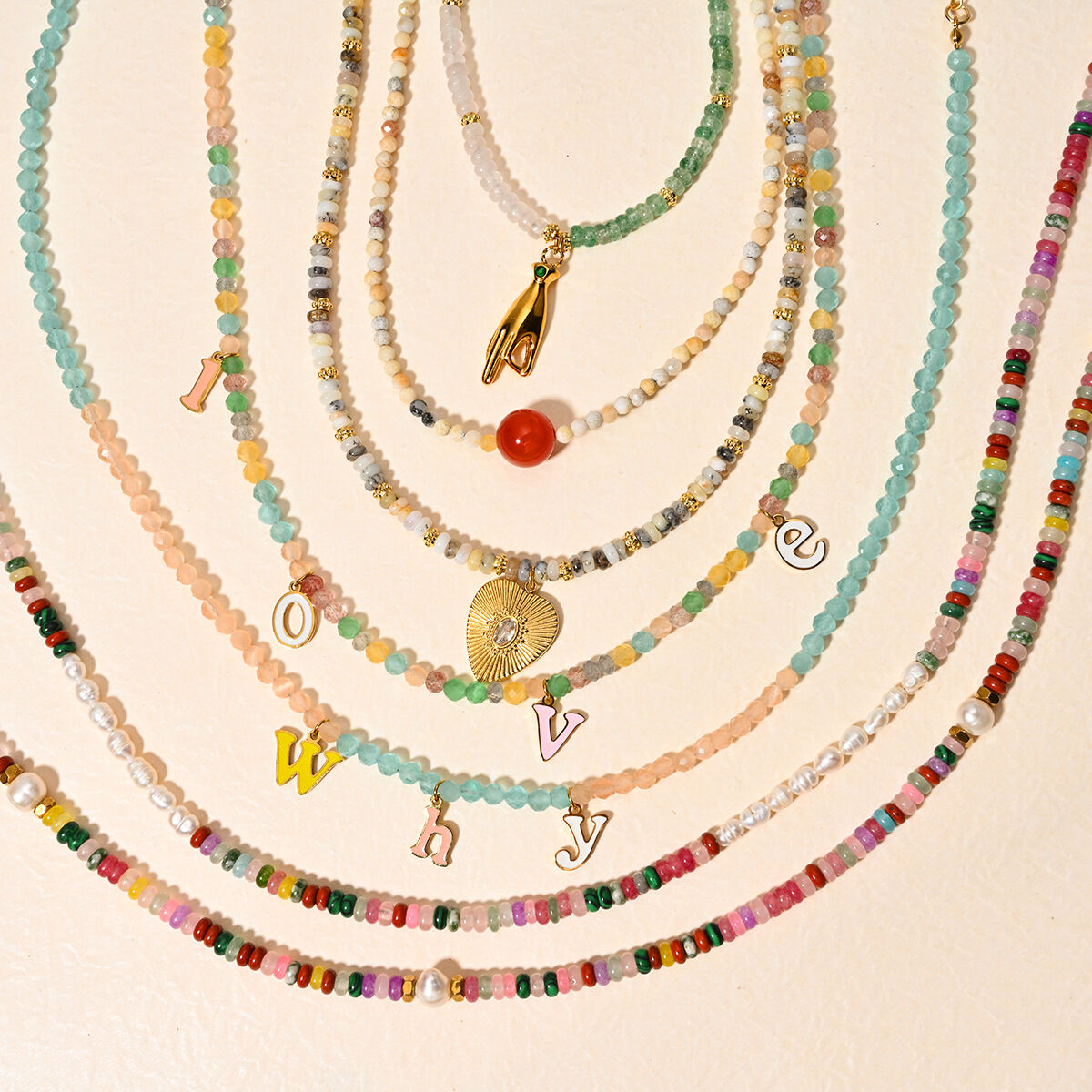 Bohemian Natural Stone Heart Stainless Steel Waterproof Gold Color Women's Beaded Necklaces 2