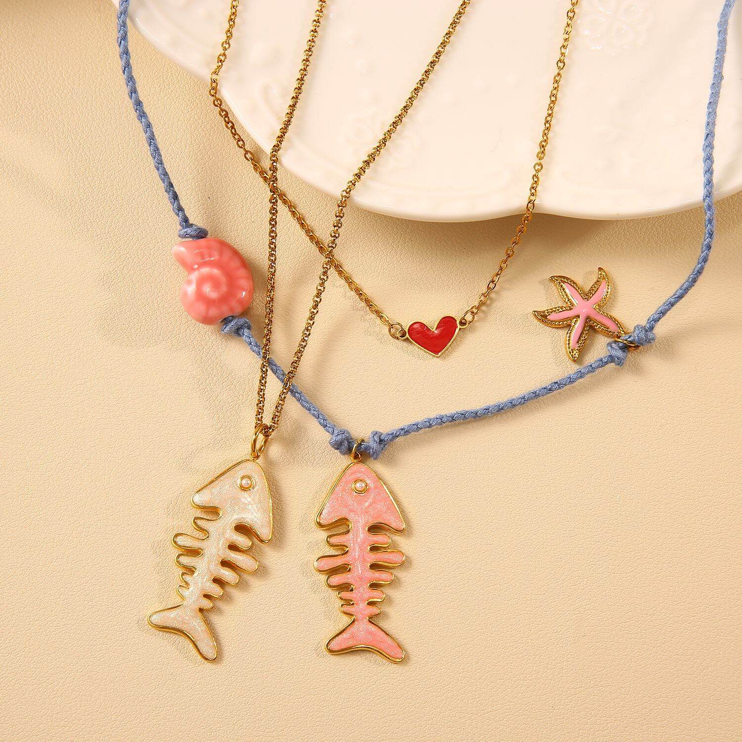 Fishbone Cotton Rope Stainless Steel Waterproof Gold Color Women's Pendant Necklaces 2