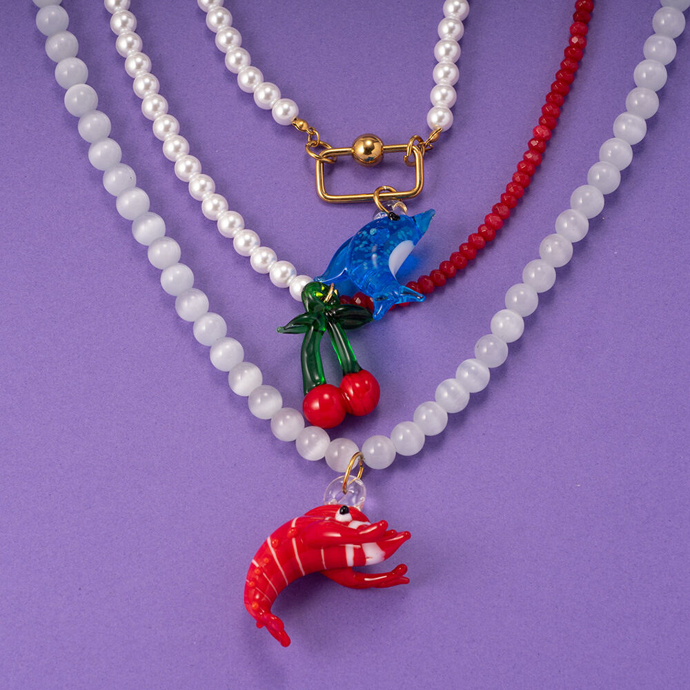Collana con perline da donna in acciaio inossidabile color oro impermeabile, 1 pezzo, serie Vivid Vacation Lobster Glass Immagine4