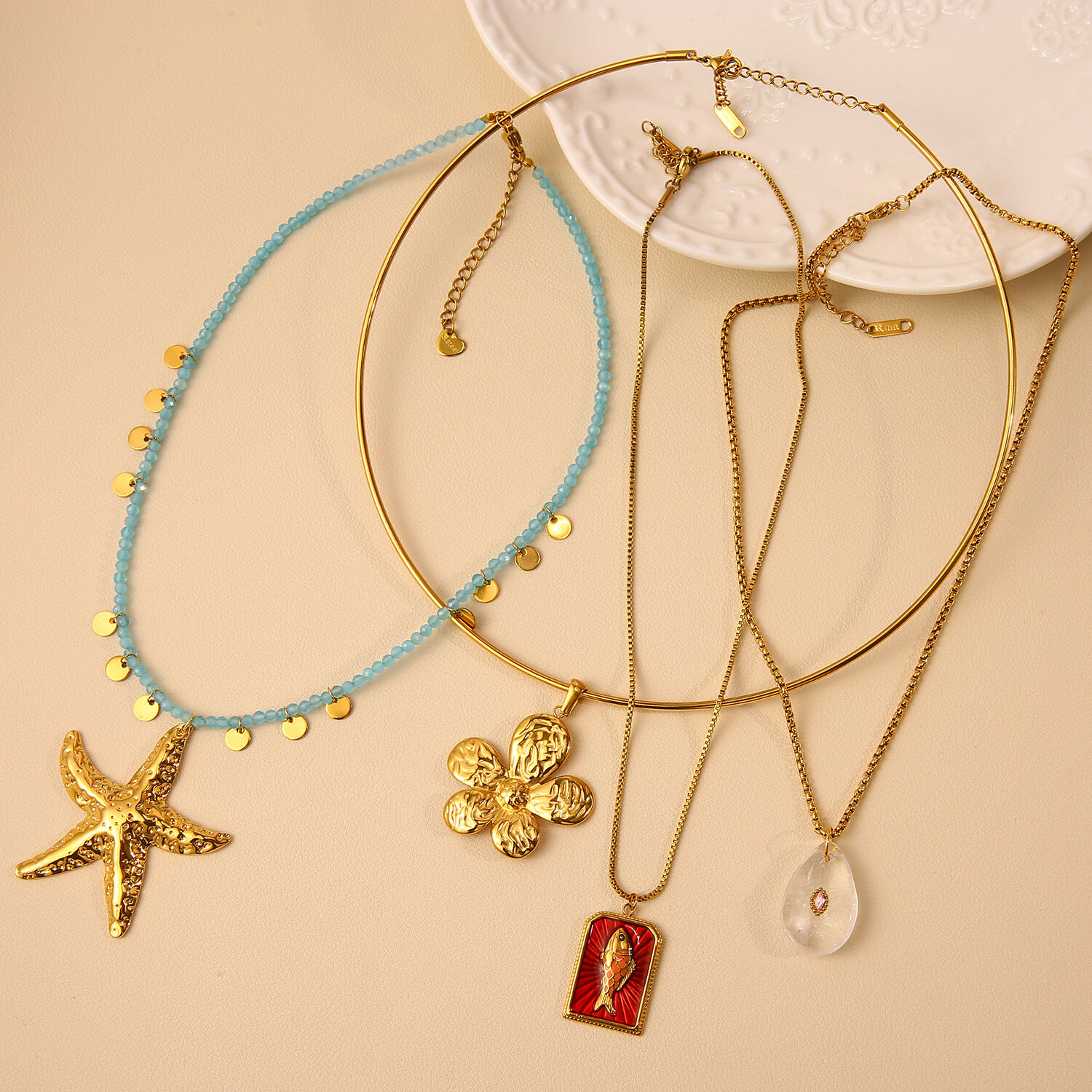 Collar con colgante de estrella de mar oceánica de acero inoxidable, resistente al agua, color dorado, para mujer h5 Imagen4