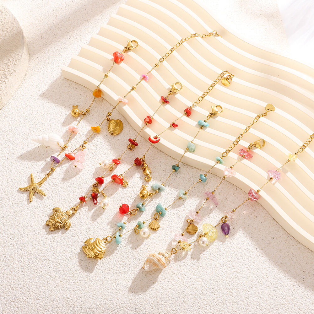 Colorful Vacation Turtle Stainless Steel Waterproof Gold Color Natural Stone Anklets 2