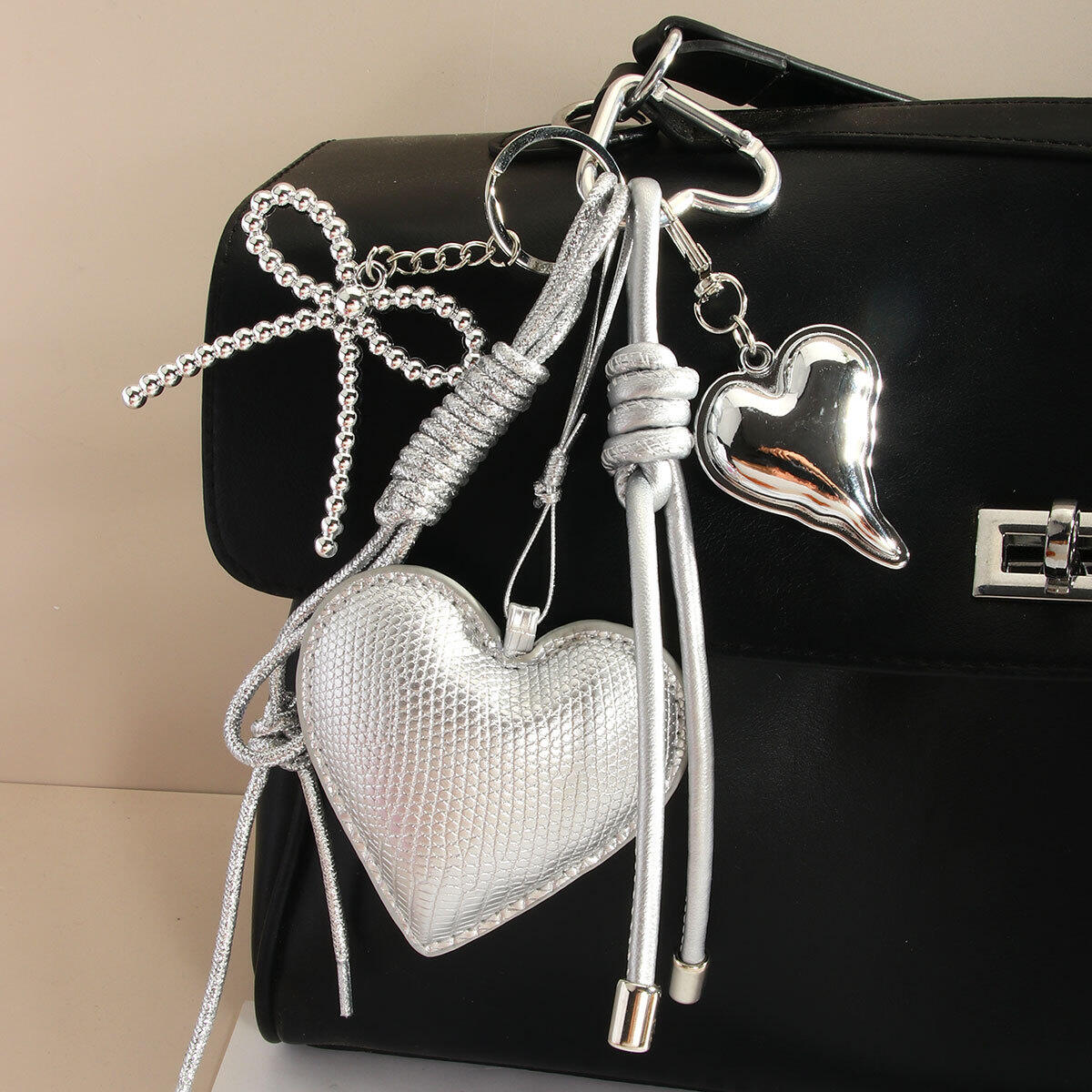 Premium Feel Silver PU Heart Bow Braided Rope Women's Bag Charms