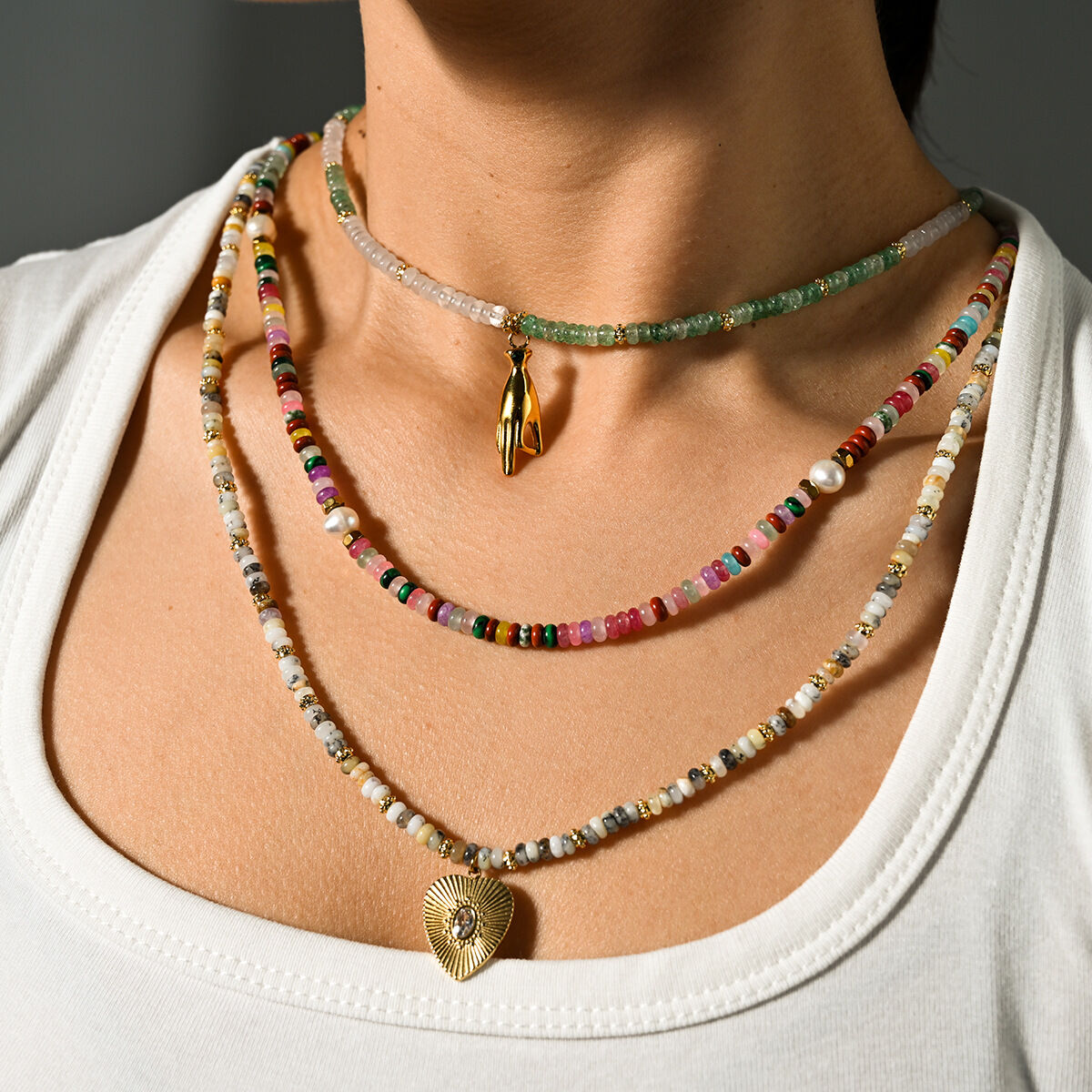 Bohemian Natural Stone Heart Stainless Steel Waterproof Gold Color Women's Beaded Necklaces