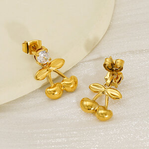 Cherry Stainless Steel Waterproof Gold Color Stud Earrings h5 Picture4
