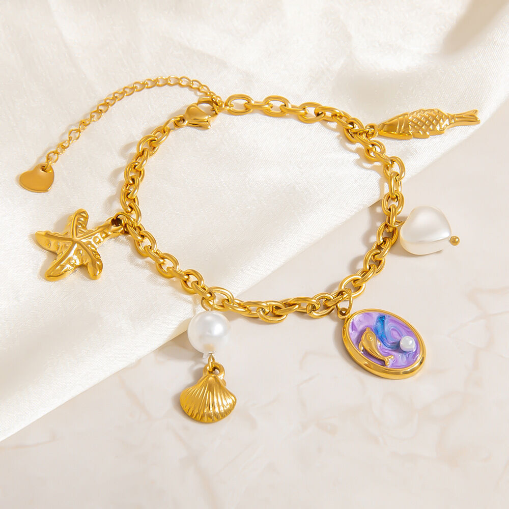 Vacation Turtle Stainless Steel Waterproof Gold Color Artificial Pearl Women's Charm Bracelets Picture5