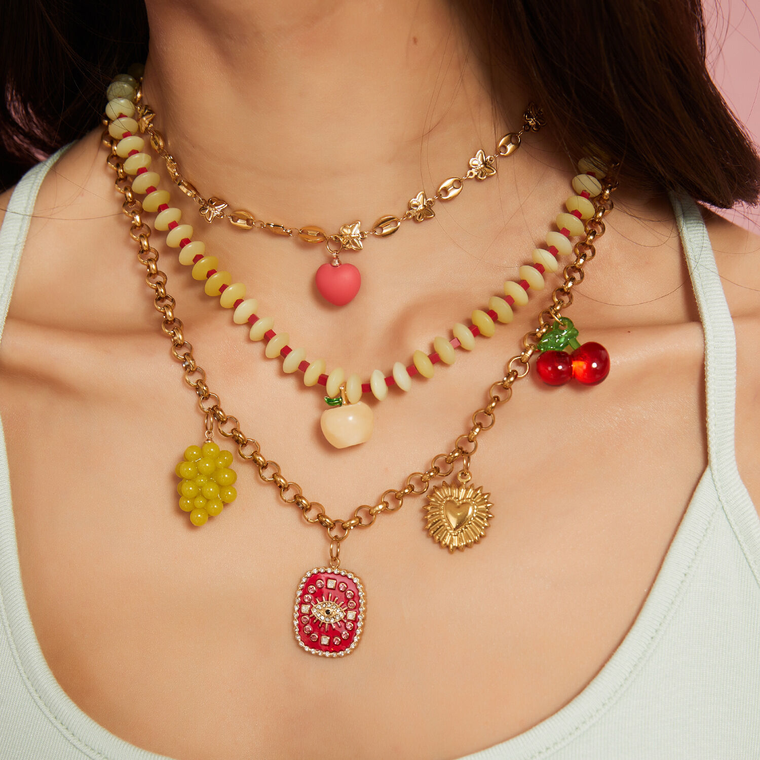1 piece fruit  stainless steel natural stone women's pendant necklaces 2