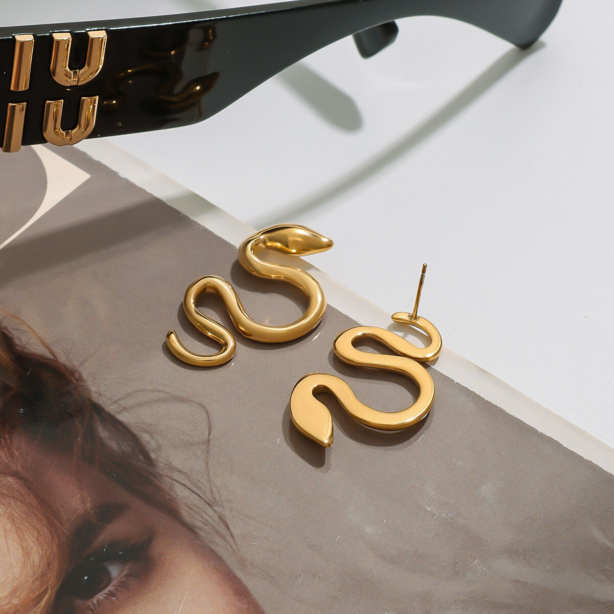 Modern Stainless Steel Waterproof Snake Shape Gold Color Women's Stud Earrings h5 Picture6