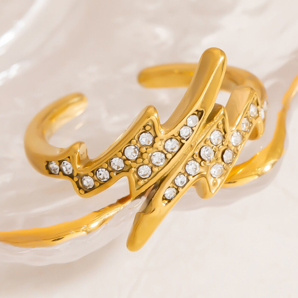 Designable Series Lightning Stainless Steel Waterproof Gold Color Statement Rings h5 Picture2
