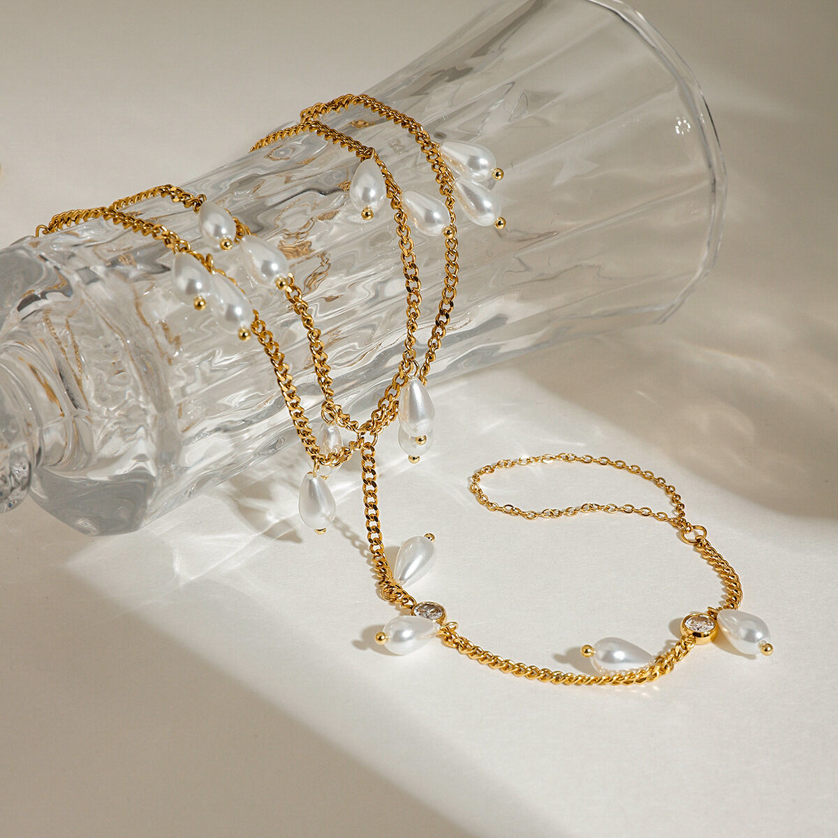 Retro Stainless Steel Waterproof Gold Color Pearl Anklets 2