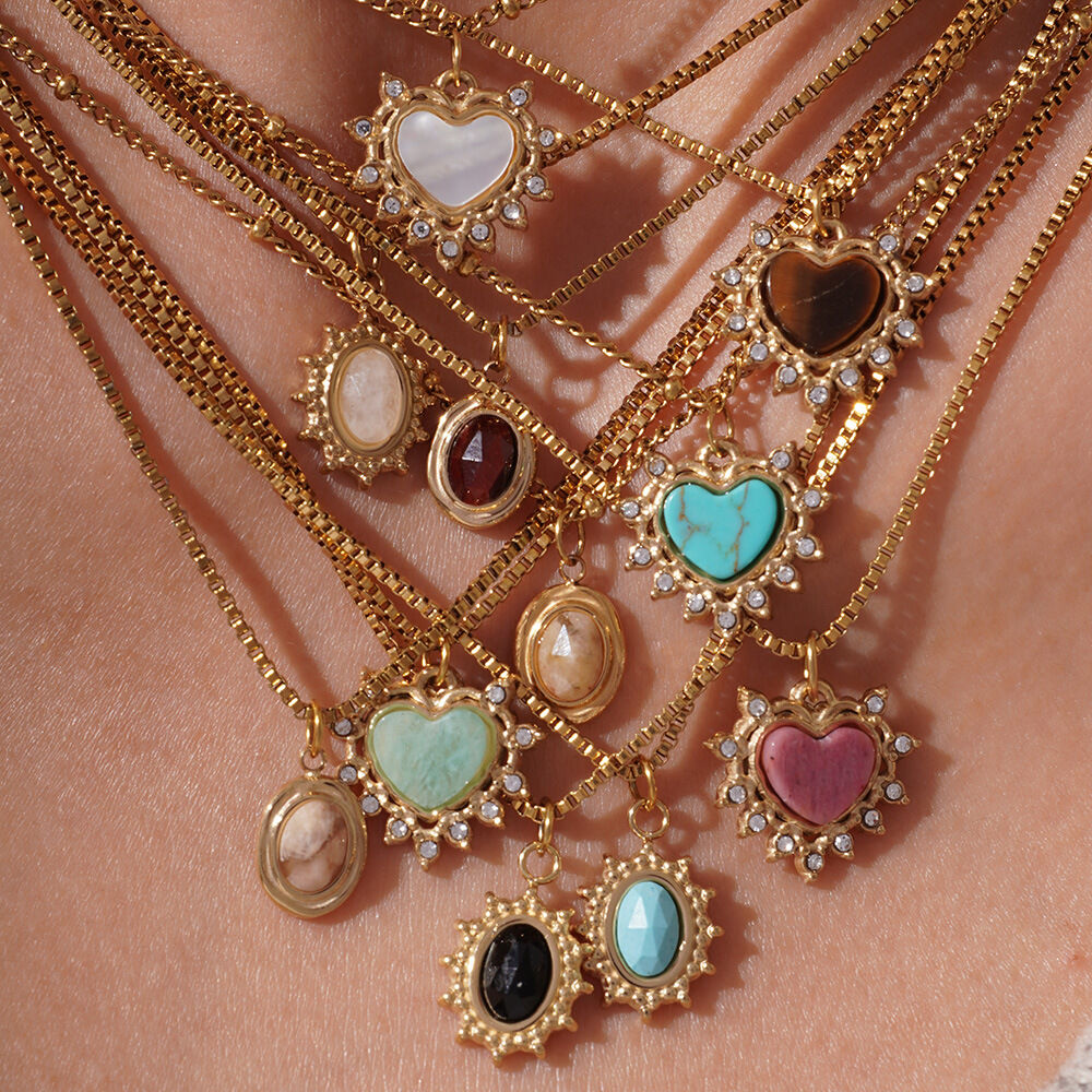 Radiant Heart Stainless Steel Waterproof Gold Color Natural Stone Women's Pendant Necklaces