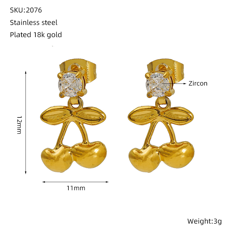 Cherry Stainless Steel Waterproof Gold Color Stud Earrings Picture2