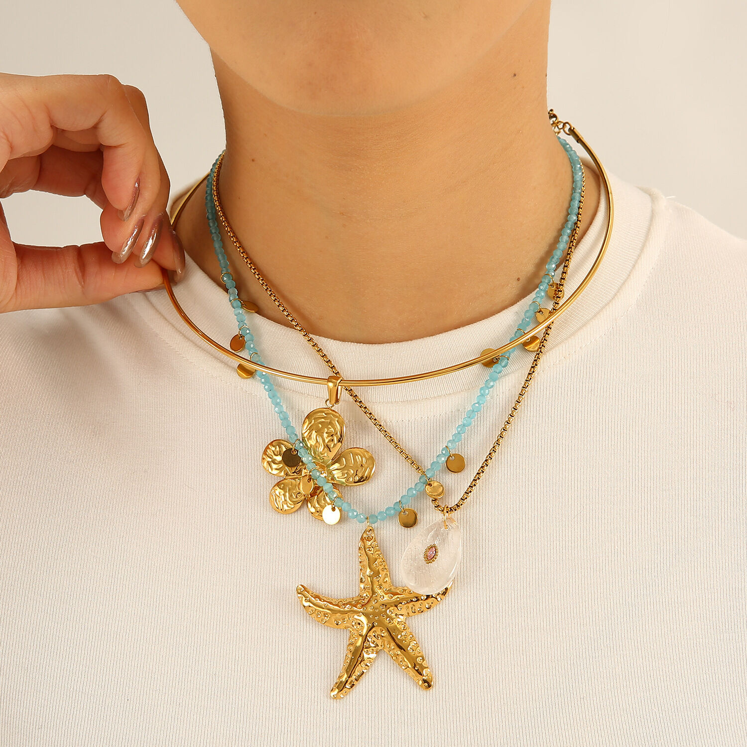 Collar con colgante de estrella de mar oceánica de acero inoxidable, resistente al agua, color dorado, para mujer Imagen6