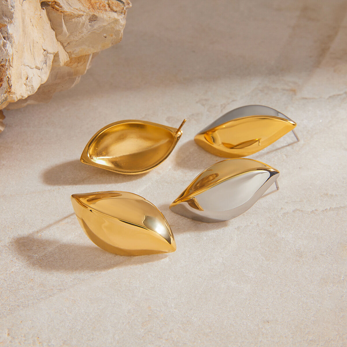 Simple Leaves Stainless Steel Waterproof Gold Color Stud Earrings Picture2