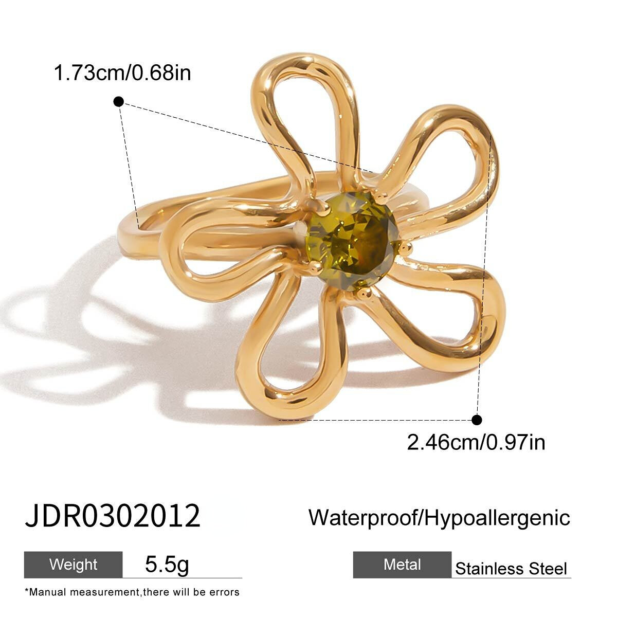 Anillos llamativos de acero inoxidable con diseño de flores dulces, resistentes al agua y color dorado. 