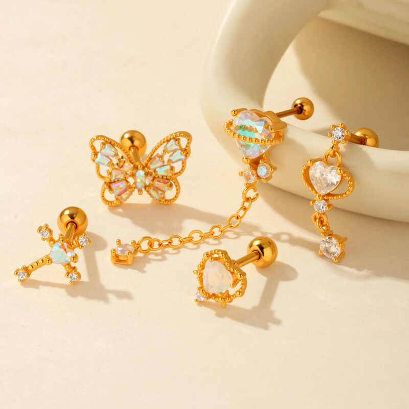 1 Adet Basit Seri Basit Kalp Bakır Altın Rengi Zirkonyum Kadın Piercing Küpe h5 Resim6