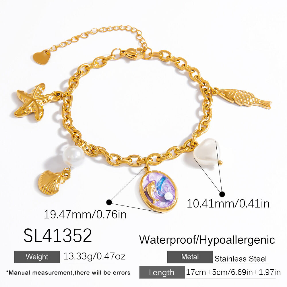Vacation Turtle Stainless Steel Waterproof Gold Color Artificial Pearl Women's Charm Bracelets