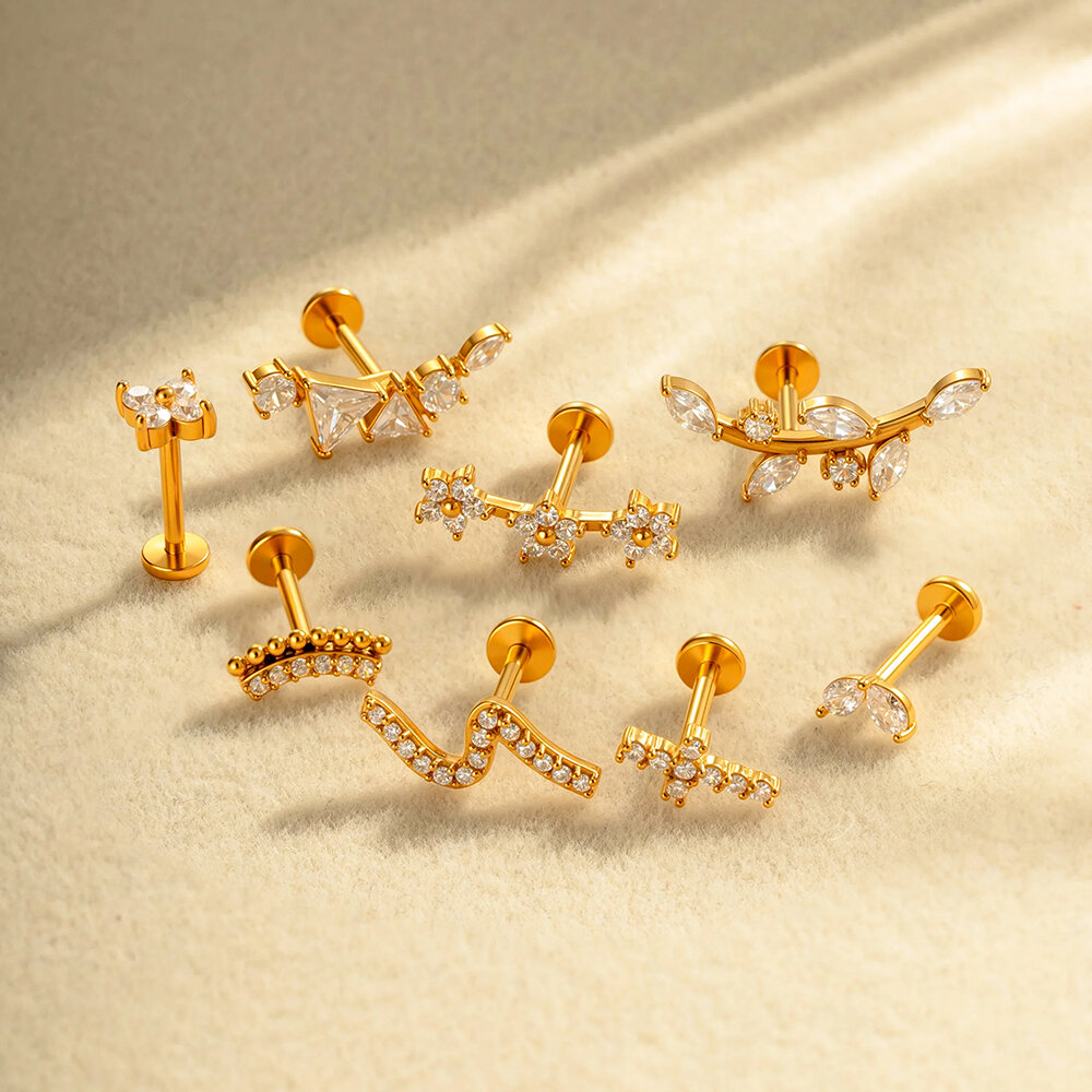 1 Piece Stainless Steel Waterproof Gold Color  Zircon Piercings Earrings