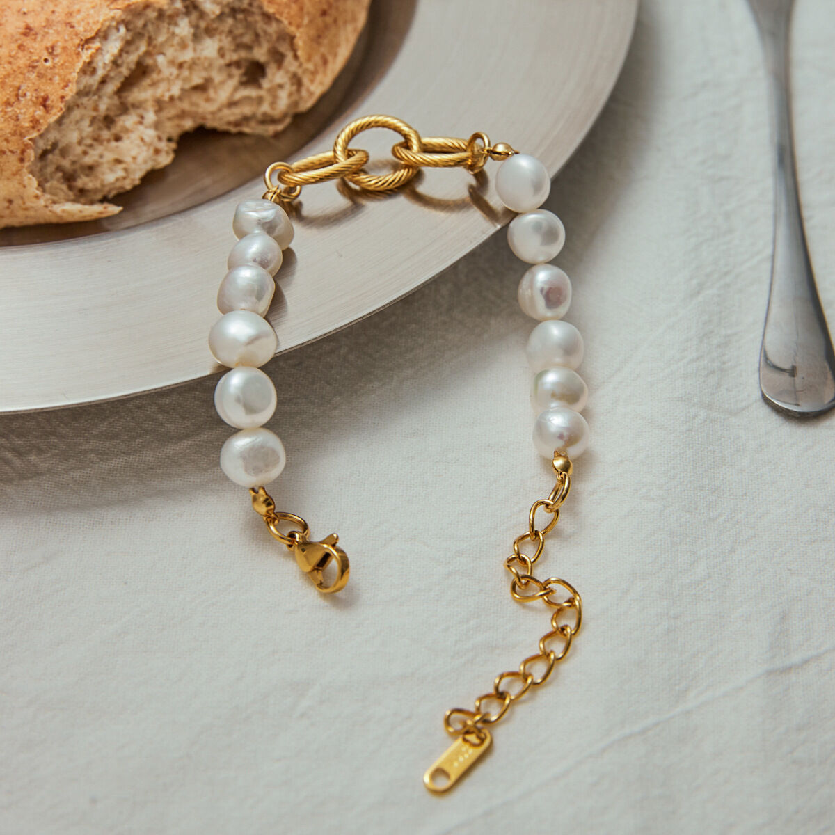 Elegant Stainless Steel Waterproof Gold Color Pearl Beaded Bracelet h5 Picture5