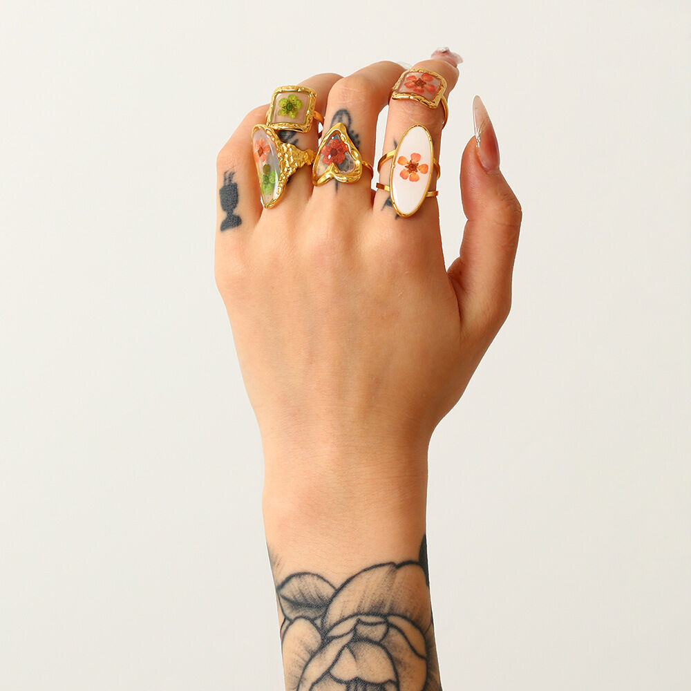 1 Pair Romantic Series Elegant Flower Stainless Steel Waterproof Gold Color Statement Rings h5Picture3