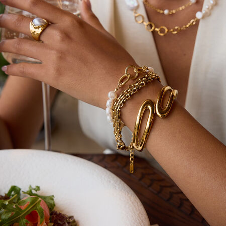 Elegant Stainless Steel Waterproof Gold Color Pearl Beaded Bracelet 2