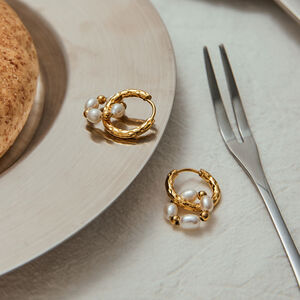 Retro Stainless Steel Waterproof Gold Color Pearl Hoop Earrings h5 Picture6