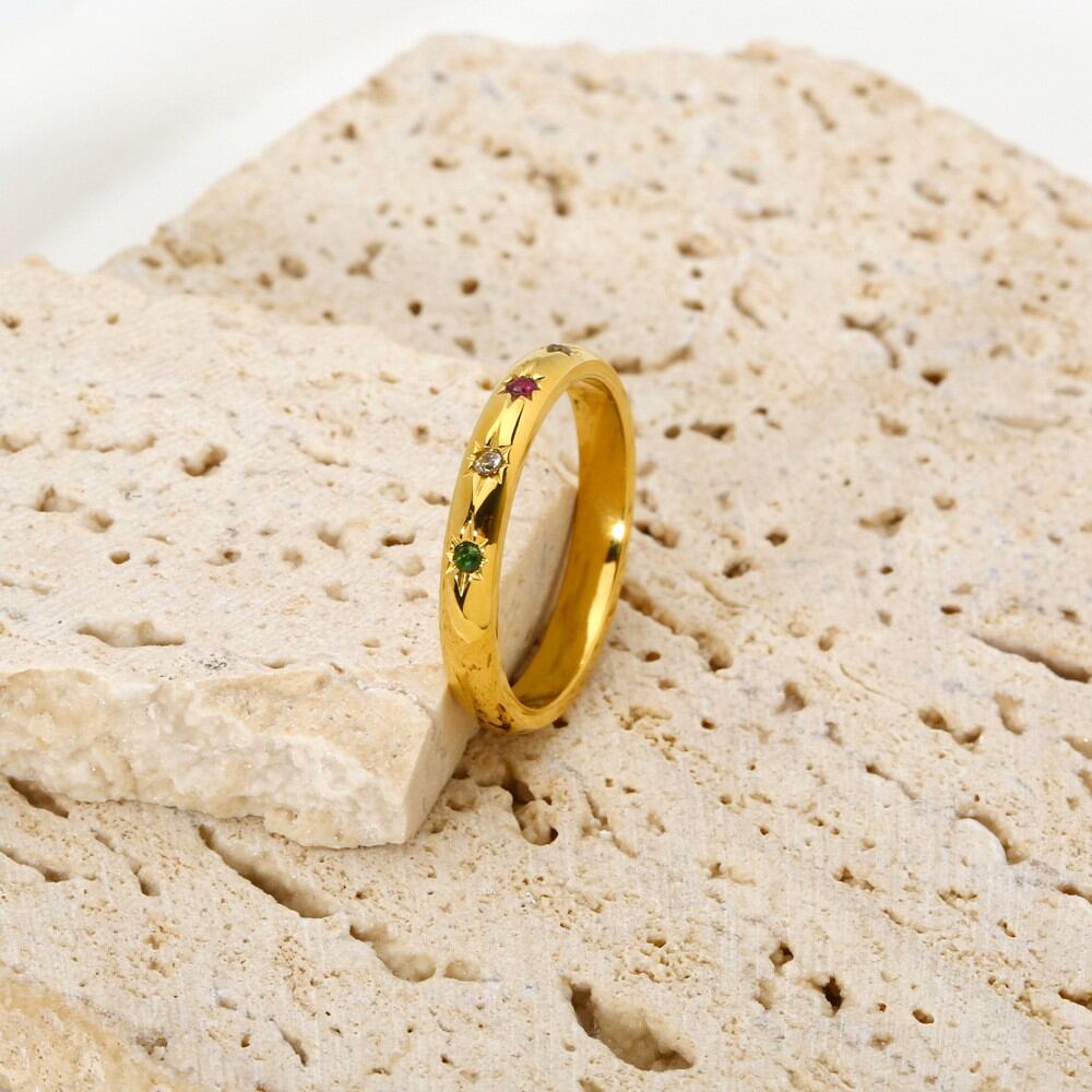 Classic Series Retro Star Stainless Steel Waterproof Gold Color Zircon Gold Color Rings Picture4