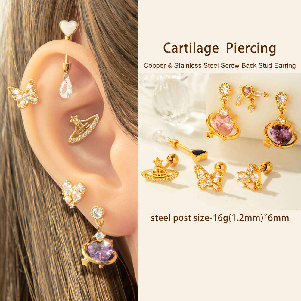 1 stuk Simple Series Simple Heart Koper Goudkleurige Zirkonia Piercing Oorbellen voor Dames h5Afbeelding3