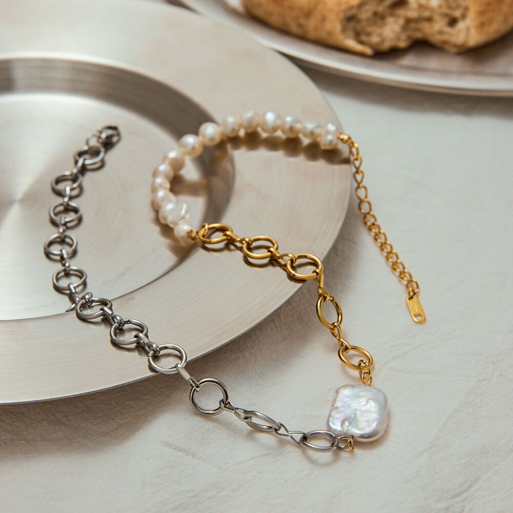 Retro ketting van roestvrij staal, waterdicht, goudkleurig, met parelhanger h5Afbeelding3