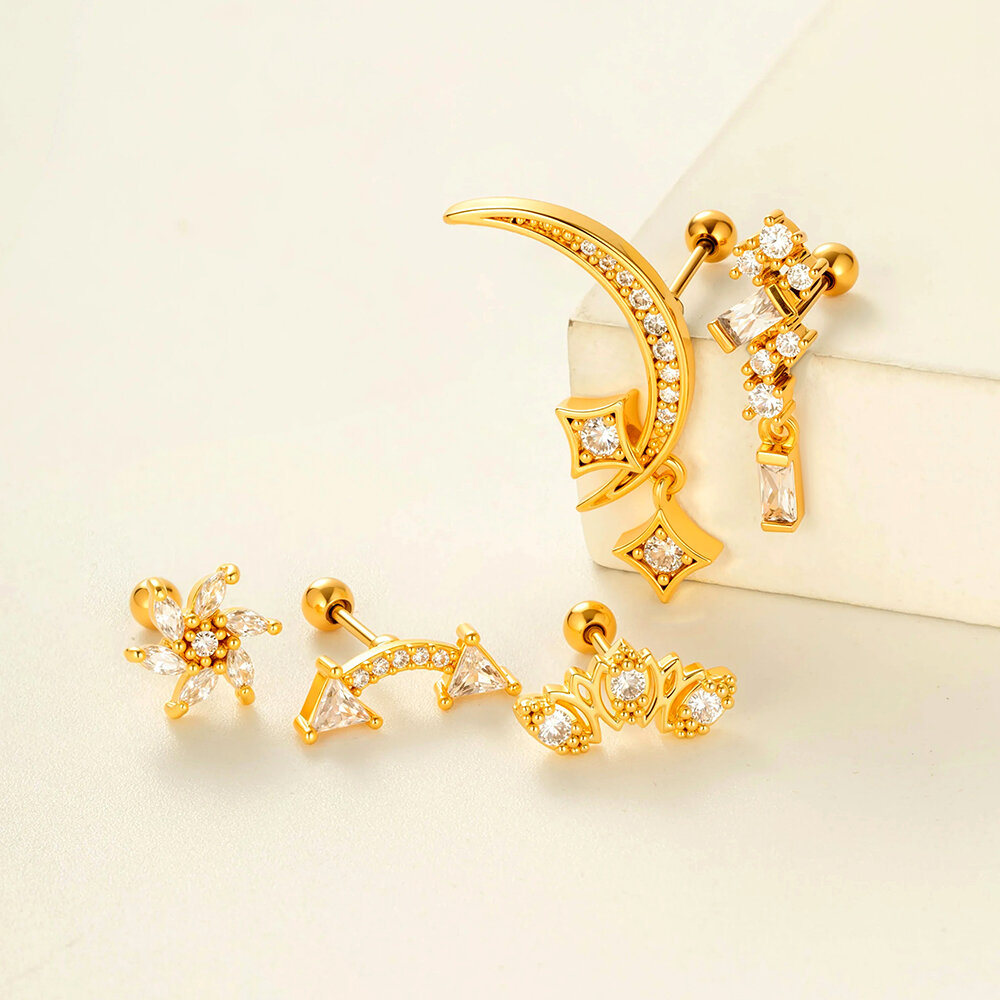 1 Adet Ay Bakır Altın Rengi Zirkonyum Piercing Küpe