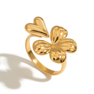 Retro statement ring met klavermotief, gemaakt van roestvrij staal, waterdicht en goudkleurig. h5