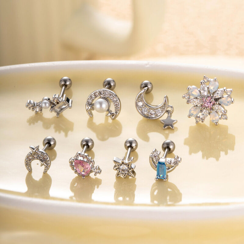 1 pièce de boucles d'oreilles piercing pour femme, série Simple, soleil/lune, cuivre, couleur or, zircon h5Image6