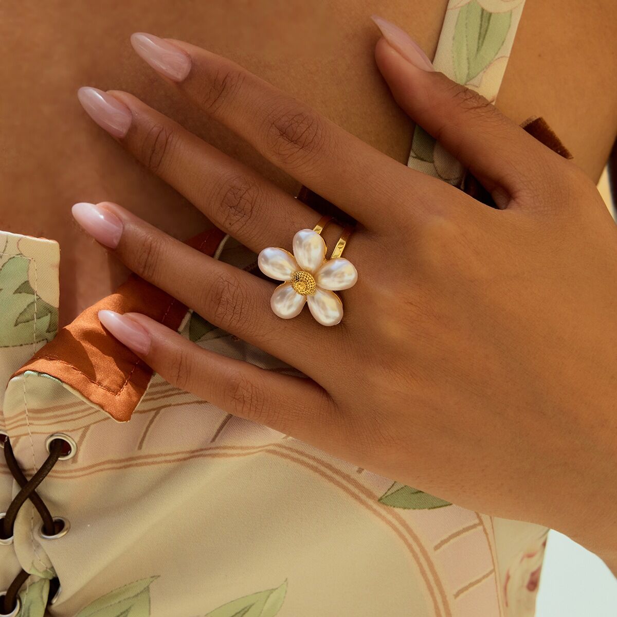 Romantic Flower Stainless Steel Waterproof Gold Color Statement Ring