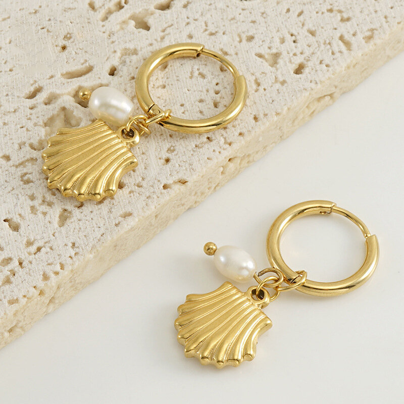 Stainless Steel Waterproof Shell Gold Color  Drop Earrings