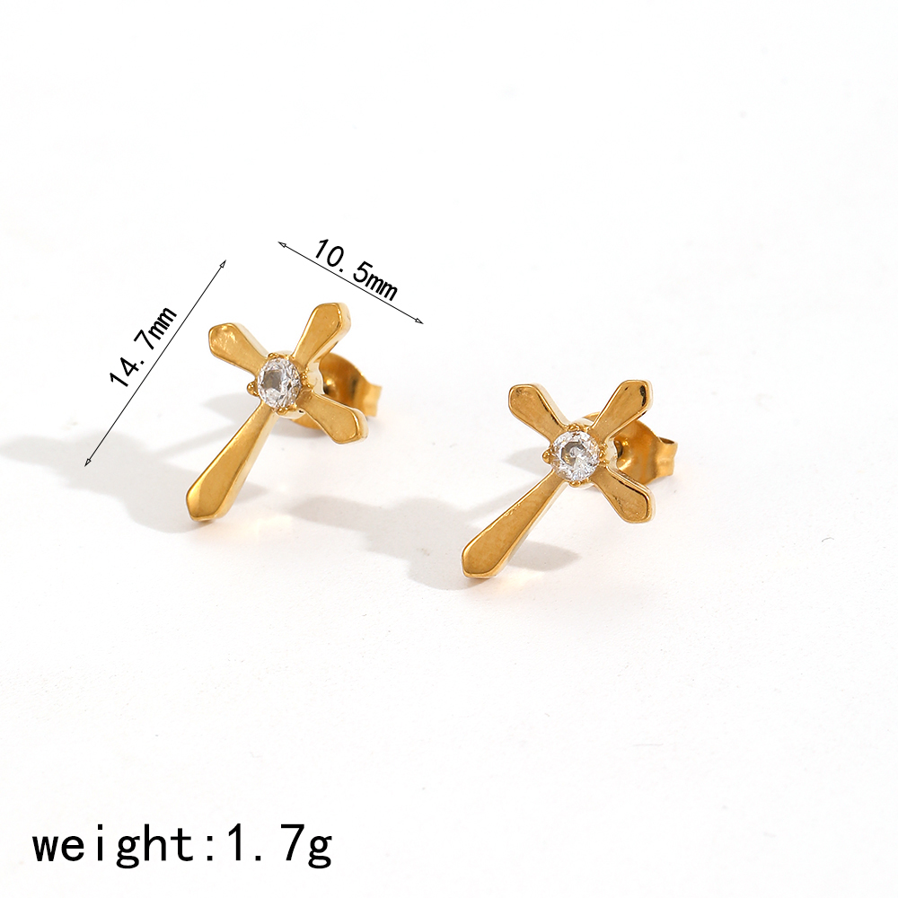 Cross Stainless Steel Waterproof Gold Color Stud Earrings h5 Picture2