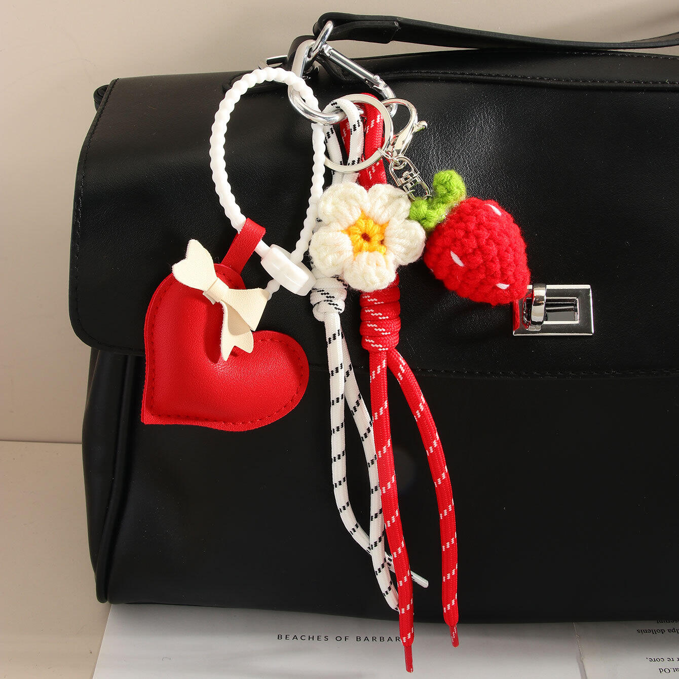 1 Piece Strawberry Flower PU Heart Shaped Bag Charms