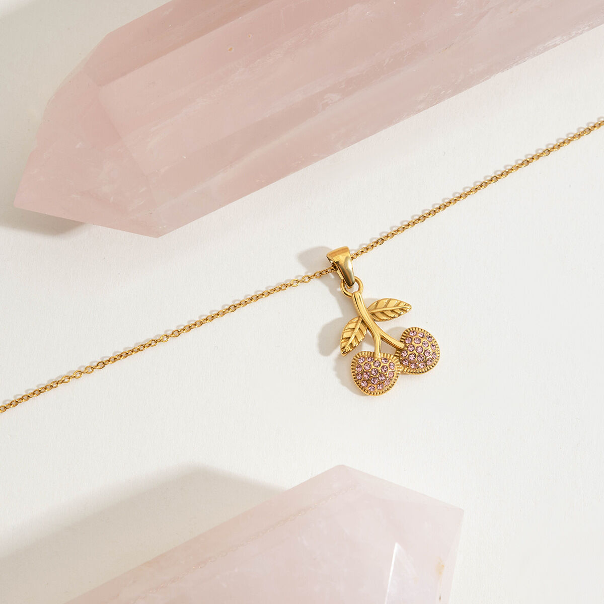 Sweet Cherry Stainless Steel Waterproof  Gold Color  Pendant Necklaces